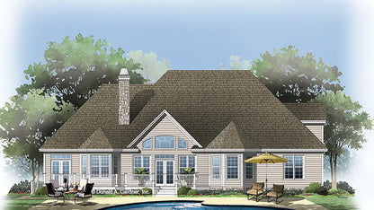 This is an illustration of the rear of one story house plan 1137 The Evangeline