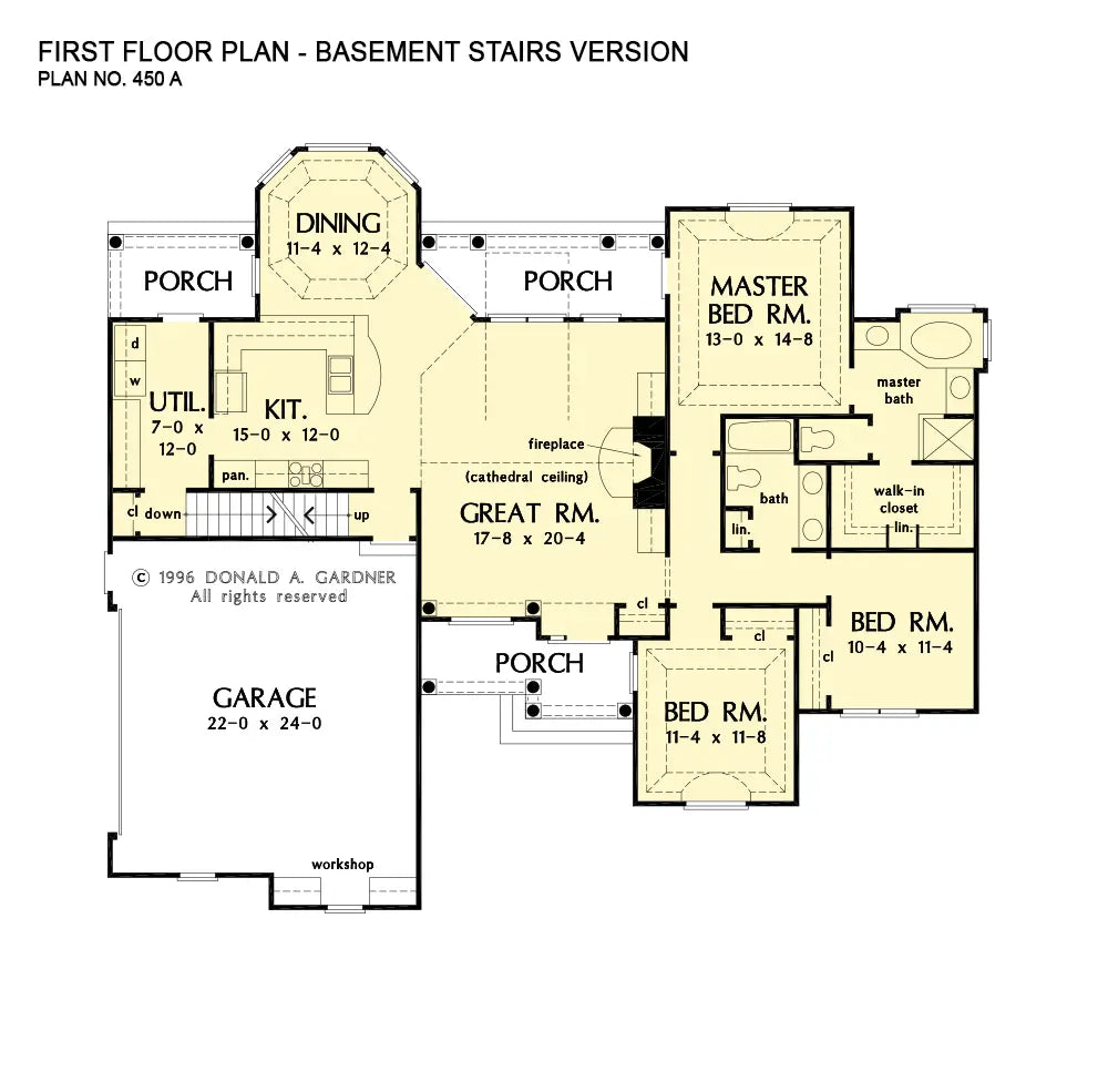 This is the first floor plan image for ranch house plan 450 The Evanleigh if the home is built over a basement