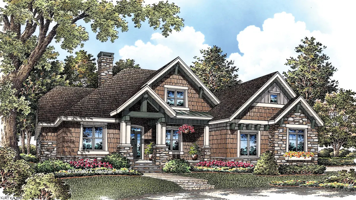 Front view illustration of a blend of Craftsman and Mountain style home. The Evanston plan 1243.