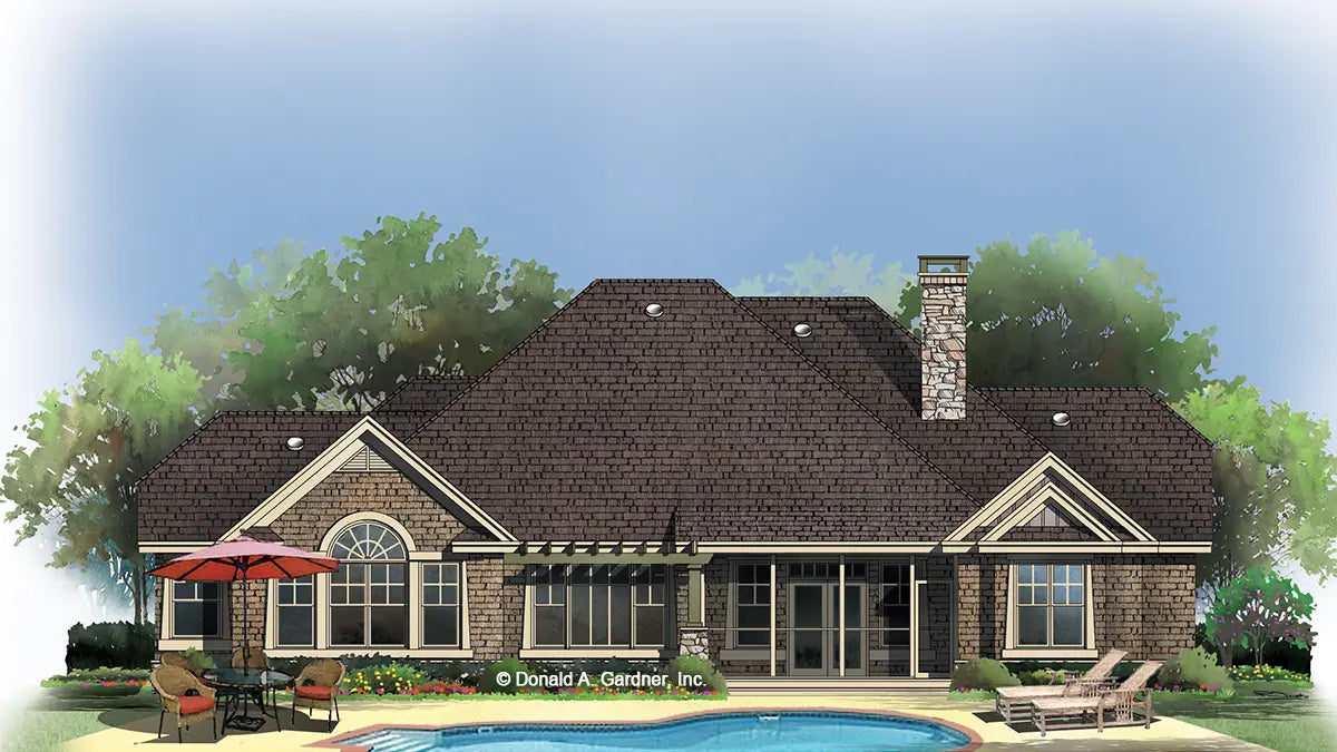 Rear view view illustration of a blend of Craftsman and Mountain style home with a screened in porch. The Evanston plan 1243.