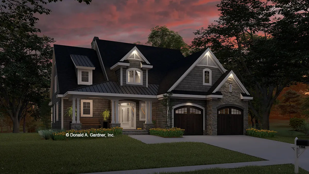 This is an illustration of the front of four bedroom house plan 1468 The Everett at dusk