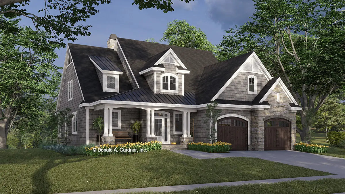 This is an illustration of the front of cottage house plan 1468 The Everett