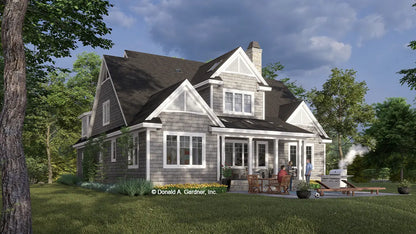 This is an illustration of the rear of two story house plan 1468 The Everett