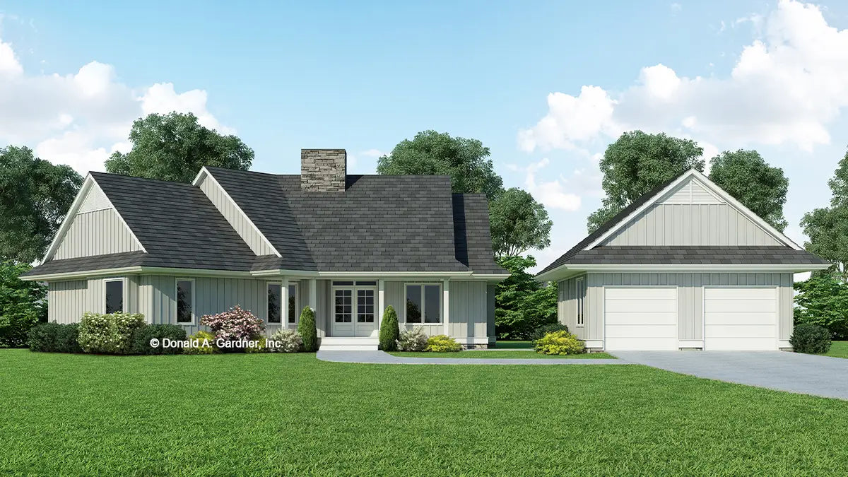 This is an illustration of the front of small house plan 479 The Evergreen