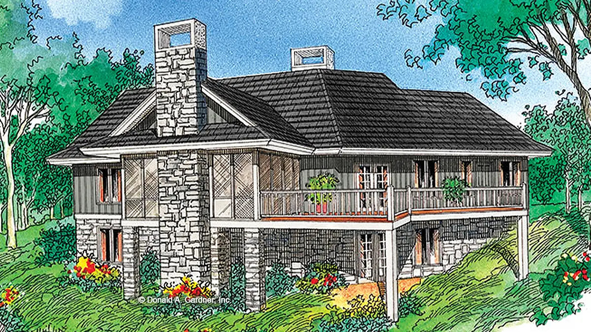 This is an illustration of the rear of walkout basement house plan 479 The Evergreen