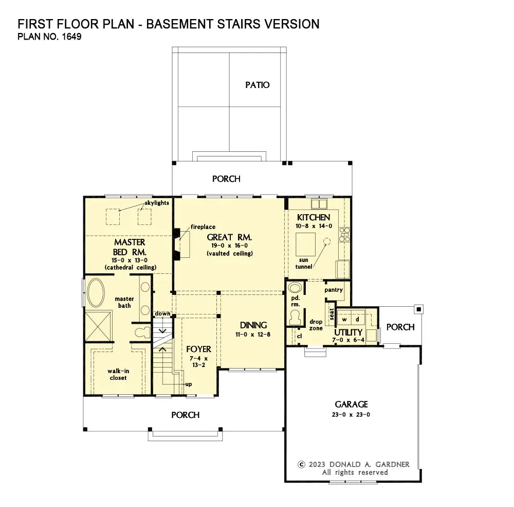 This is the first floor plan image for two story house plan 1649 The Ezra if the home is built over a basement