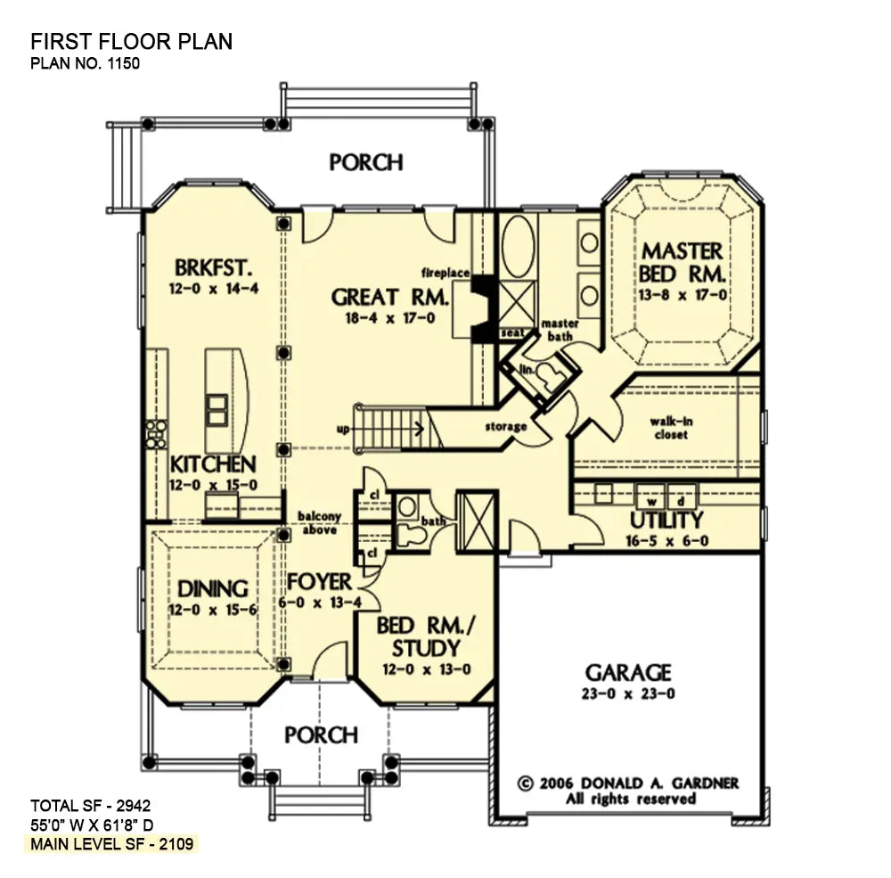 first flor plan has master suite, 2 car garage, study, dining area foyer with living room and kitchen int he rear of the home