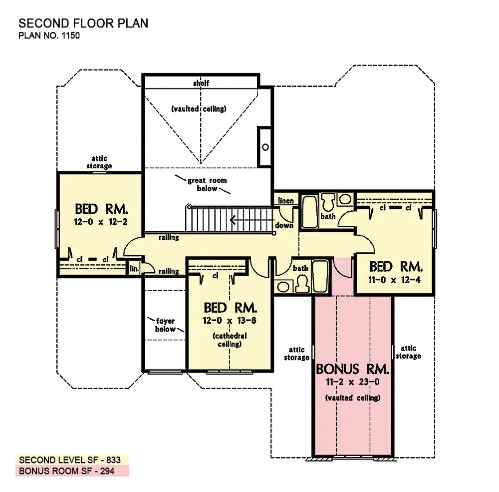 second floor plan has open area over living room, 3 bedrooms, 2 baths, storage and a bonus room over the garage