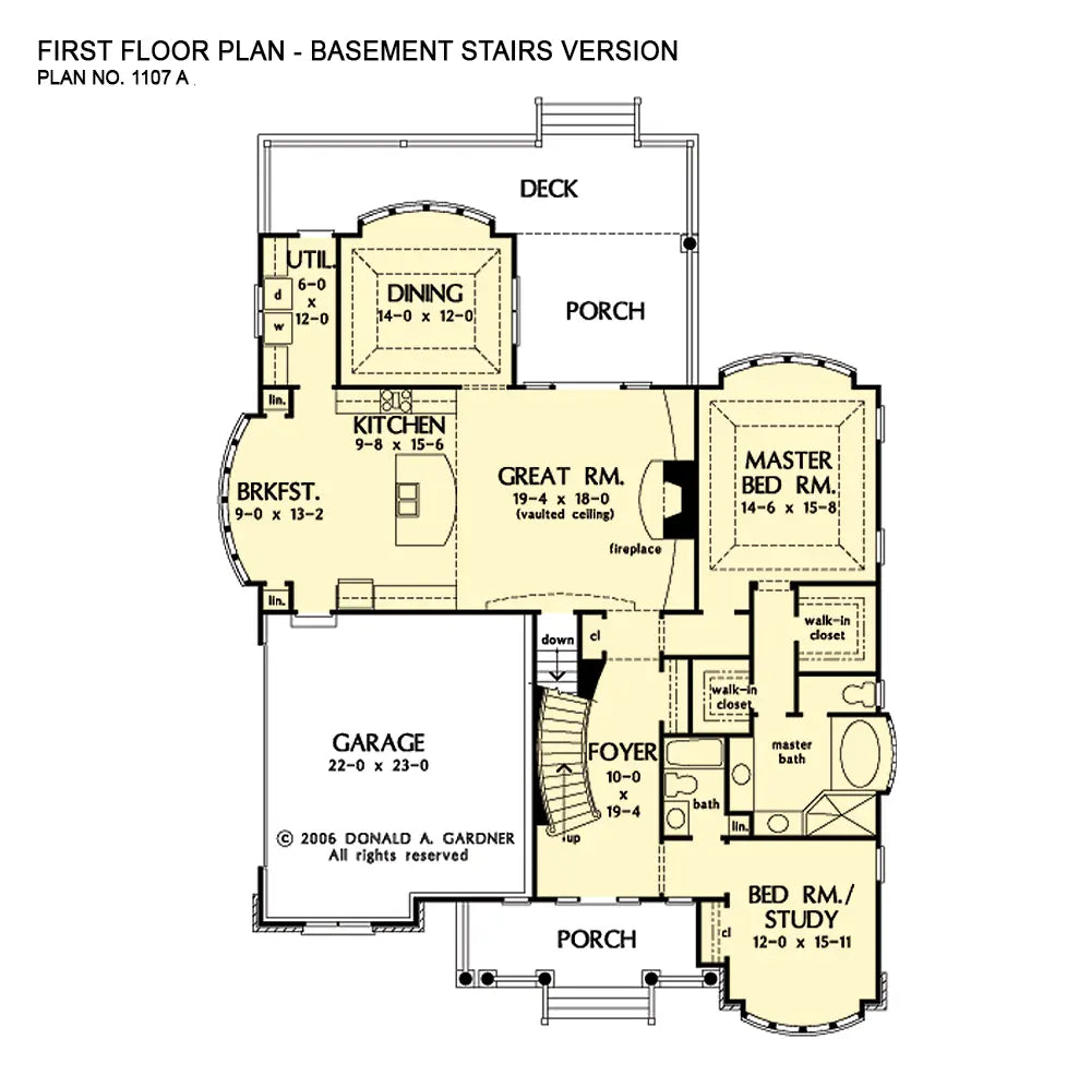 first floor plan showing the alterations for the stairs to the optional basement