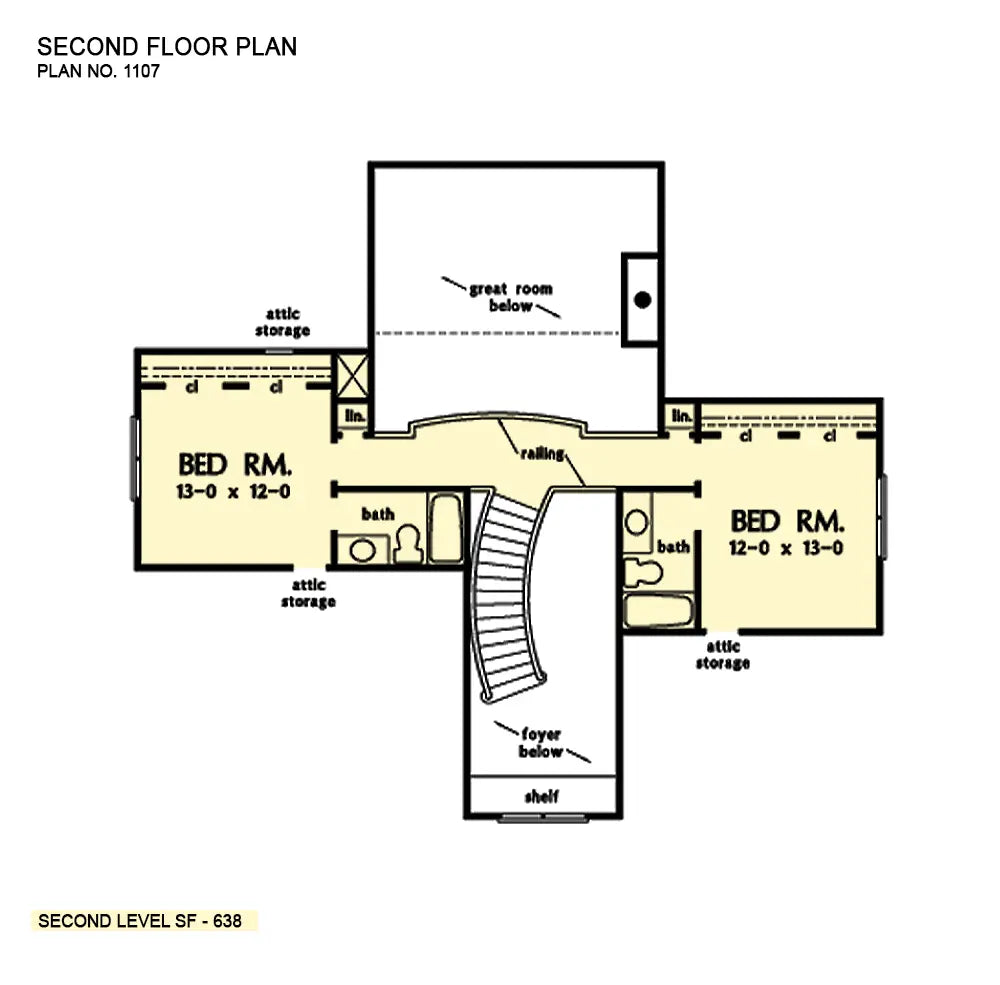 second floor plan has 2 bedrooms one either side connected by the loft with views to the open great room below and the foyer to the front