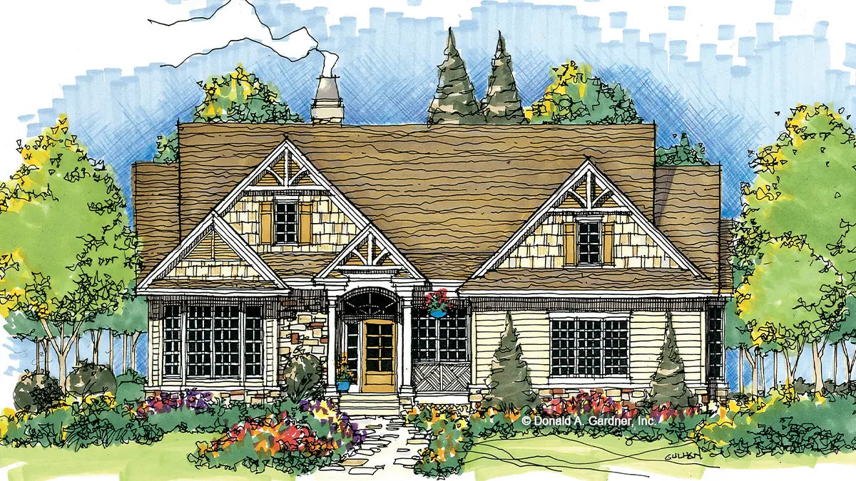 This is an illustration of the front of four bedroom house plan 829 The Faulkner