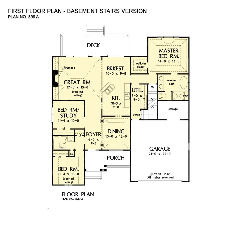 This is the first floor plan image for simple house plan 896 The Fenmore if the home is built over a basement