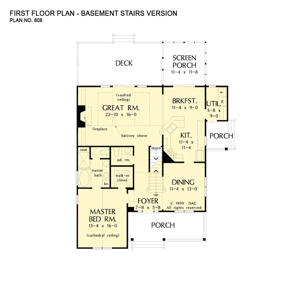 This is the first floor plan image for three bedroom house plan 808 The Ferguson if the home is built over a basement