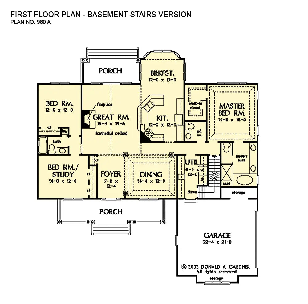 This is the first floor plan image for country house plan 980 The Fernley if the home is built over a basement