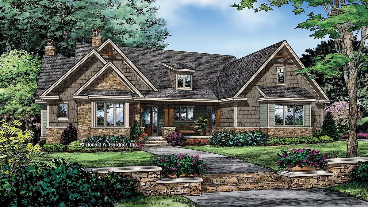 This is an illustration of the front of Craftsman Ranch house plan 1405 The Ferris