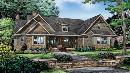 This is an illustration of the front of Craftsman Ranch house plan 1405 The Ferris