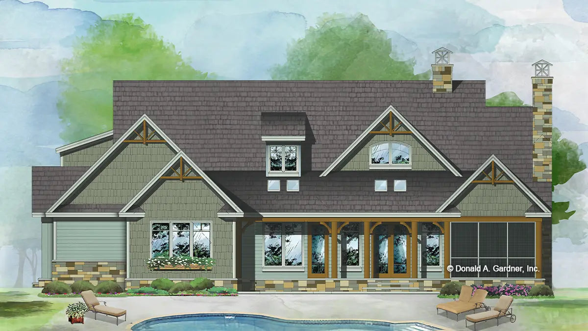 This is an illustration of the rear of house plan 1405 The Ferris