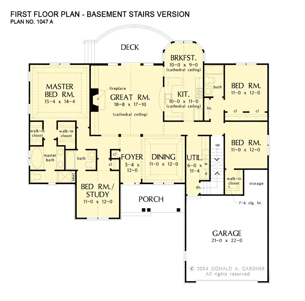 This is the first floor plan image for one story house plan 1047 The Fieldstone if the home is built over a basement