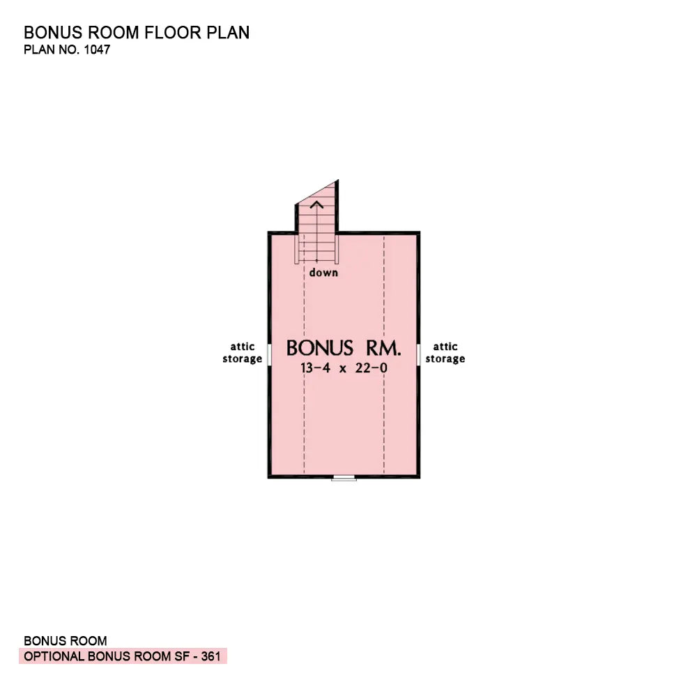 This is the bonus room floor plan image for four bedroom house plan 1047 The Fieldstone