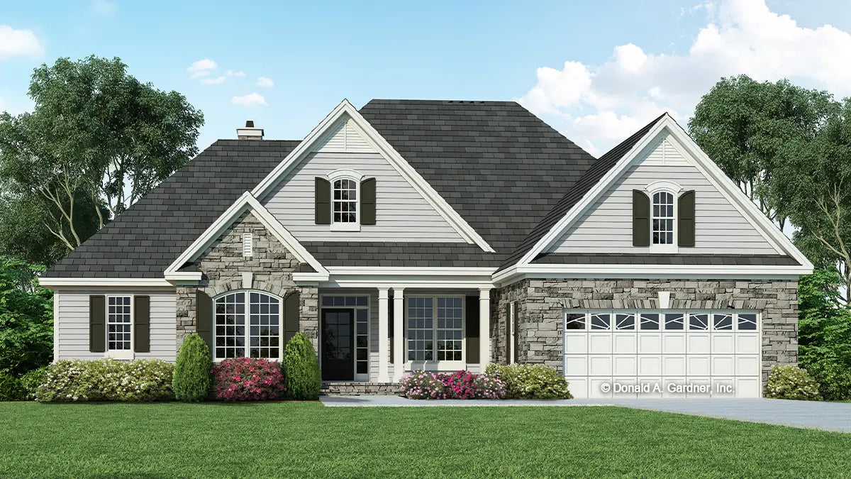 This is an illustration of the front of traditional house plan 1047 The Fieldstone