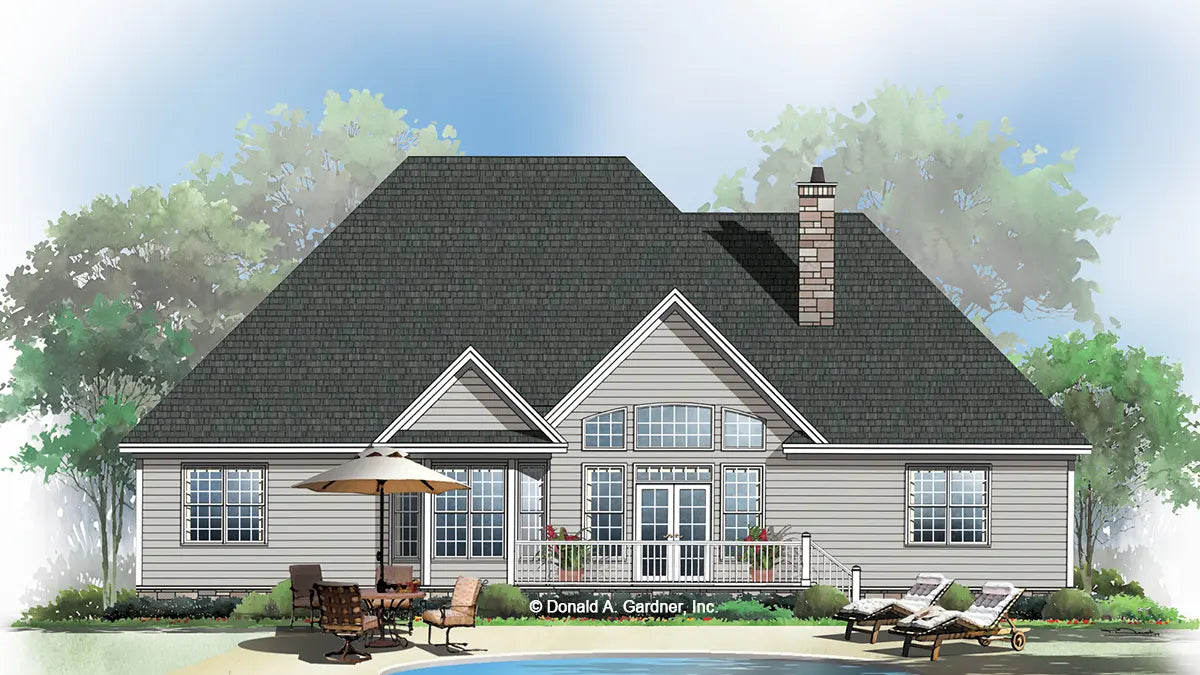 This is an illustration of the rear of one story house plan 1047 The Fieldstone