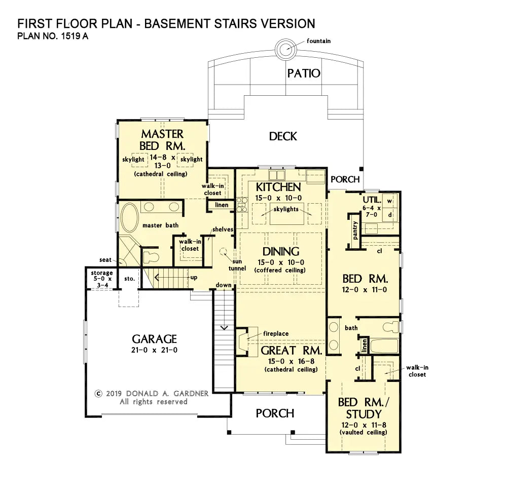 This is the first floor plan image for small house plan 1519 The Fillion if the home is built over a basement