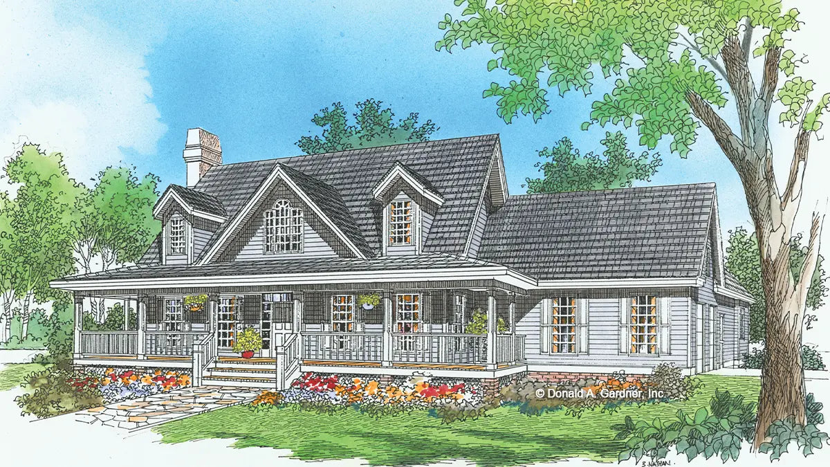 This is an illustration of the front of three bedroom house plan 366 The Finley