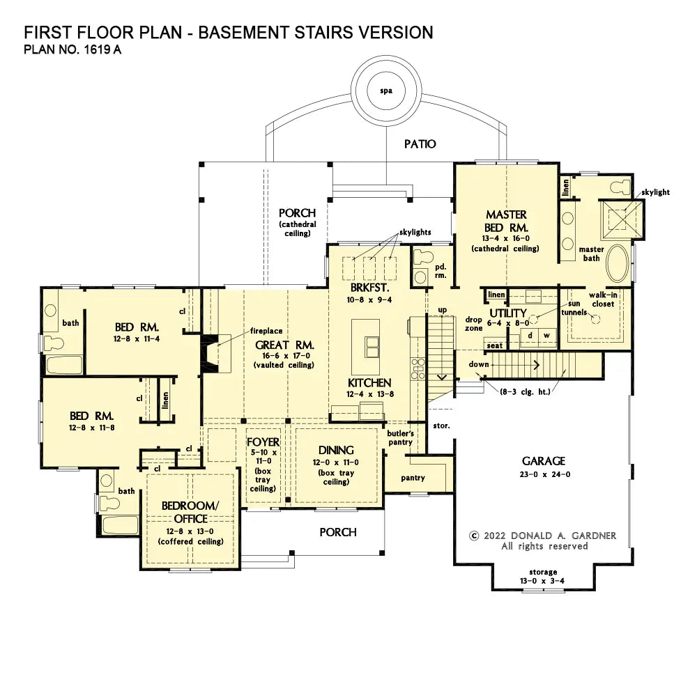 This is the first floor plan image for four bedroom house plan 1619 The Finnian if the home is built over a basement