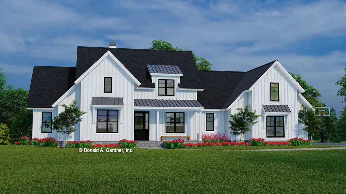 This is an illustration of the front of modern farmhouse house plan 1619 The Finnian