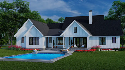 This is an illustration of the rear of four bedroom house plan 1619 The Finnian