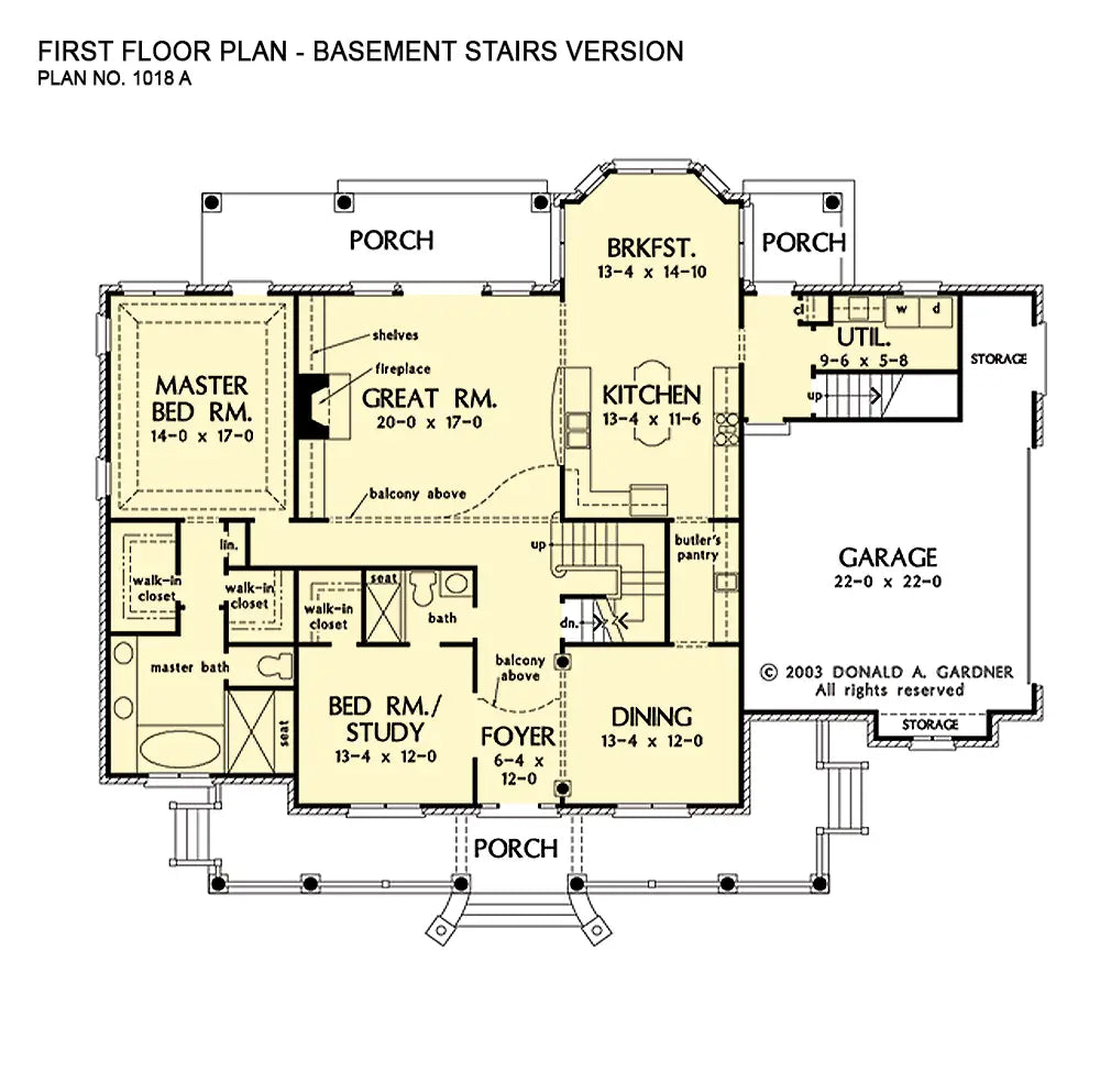 This is the first floor plan image for brick house plan 1018 The Fitzgerald if the home is built over a basement