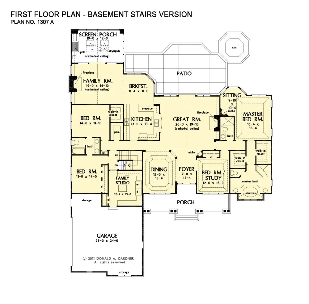 This is the first floor plan image for four bedroom house plan 1307 The Flagler if the home is built over a basement