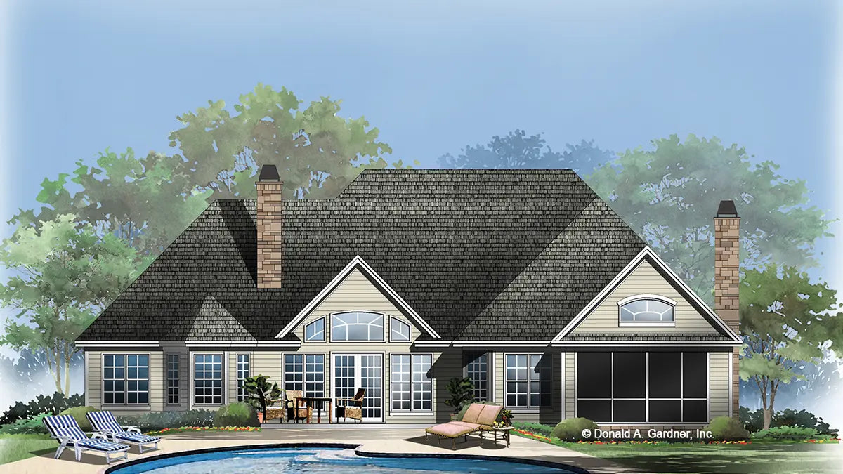 This is an illustration of the rear of four bedroom house plan 1307 The Flagler