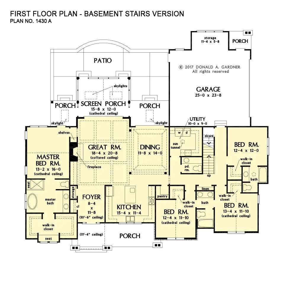 This is the first floor plan image for four bedroom house plan 1430 The Fletcher if the home is built over a basement