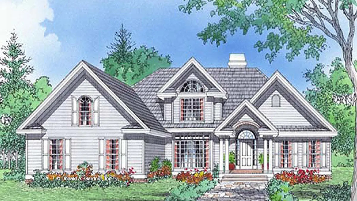 Front view illustration open floor plan family home. The Florence plan 399. 