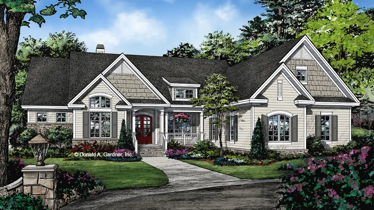 This is an illustration of the front of Craftsman house plan 1377 The Forest Grove