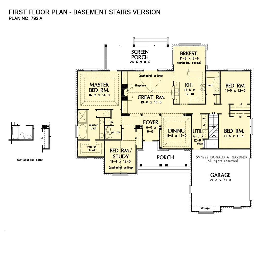 This is the first floor plan image for brick house plan 792 The Forsythe if the home is built over a basement