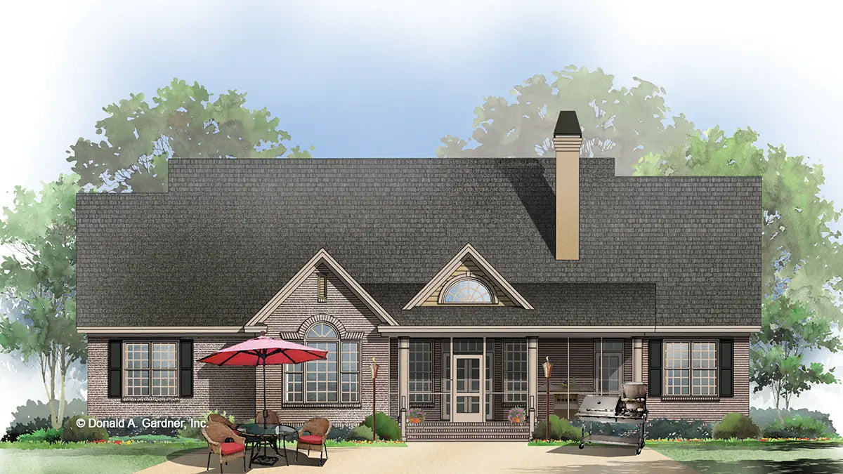 This is an illustration of the rear of brick house plan 792 The Forsythe