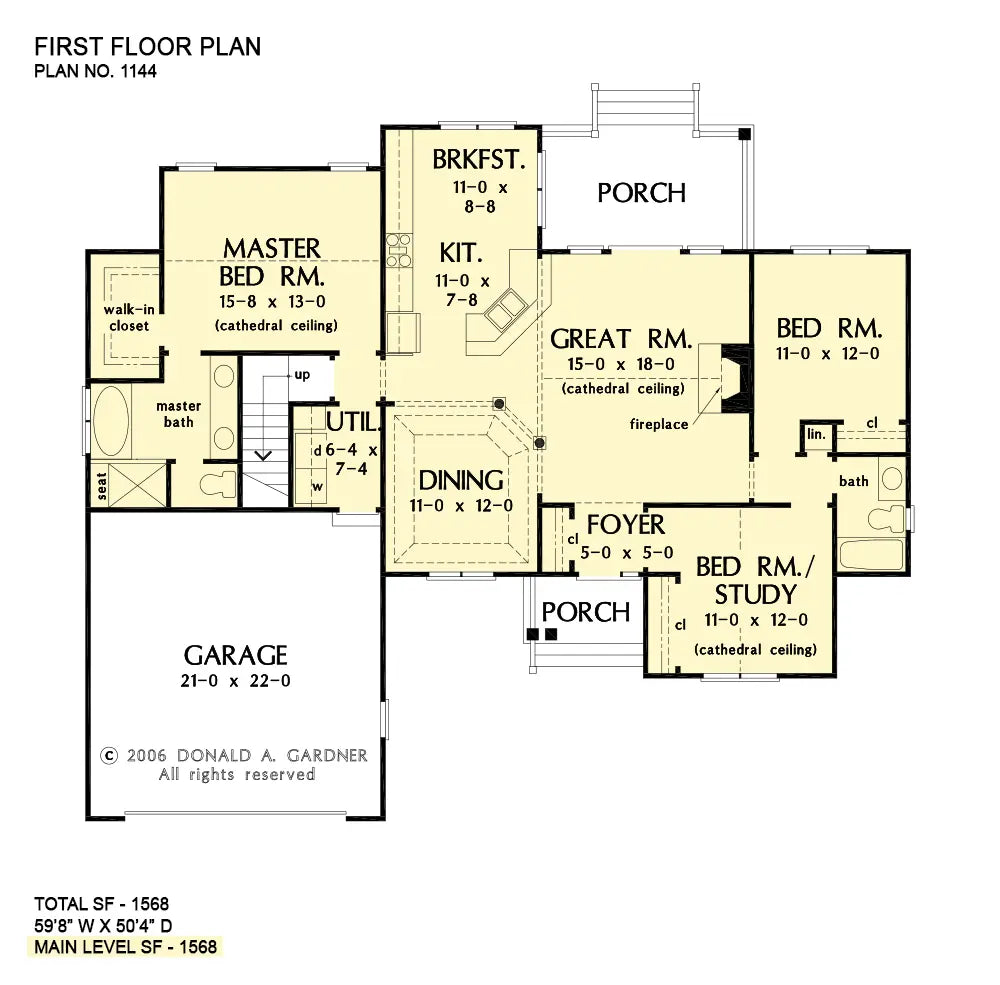 This is the first floor plan image for small house plan 1144 The Foxcroft