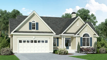 This is an illustration of the front of small house plan 1144 The Foxcroft