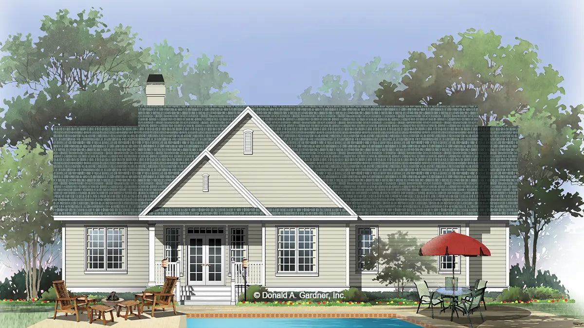 This is an illustration of the rear of simple house plan 1144 The Foxcroft