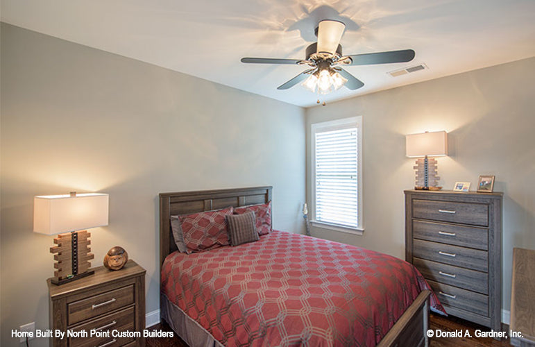 Flat ceiling and ceiling fan in the secondary bedroom. The Foxglove plan 1297.