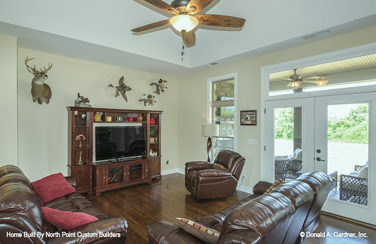 Double glass patio doors in the great room. The Foxglove plan 1297.