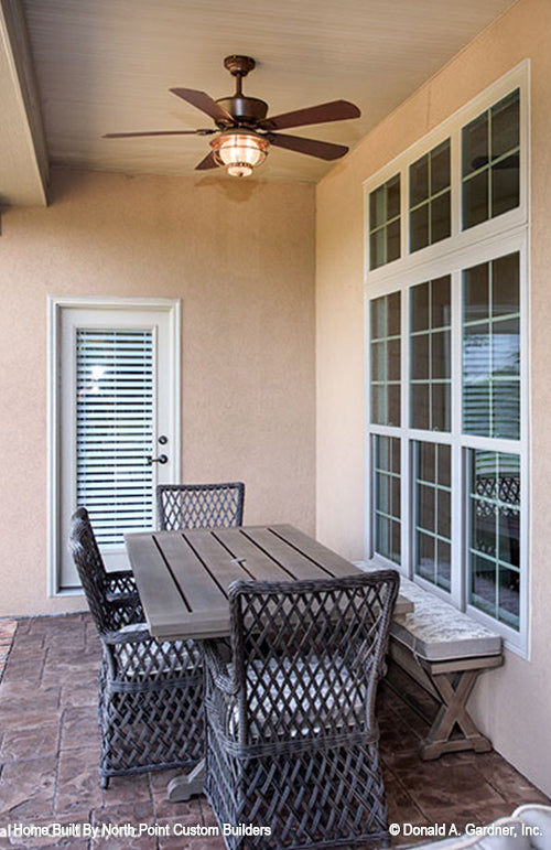 Ceiling fan on the rear covered porch. The Foxglove plan 1297.