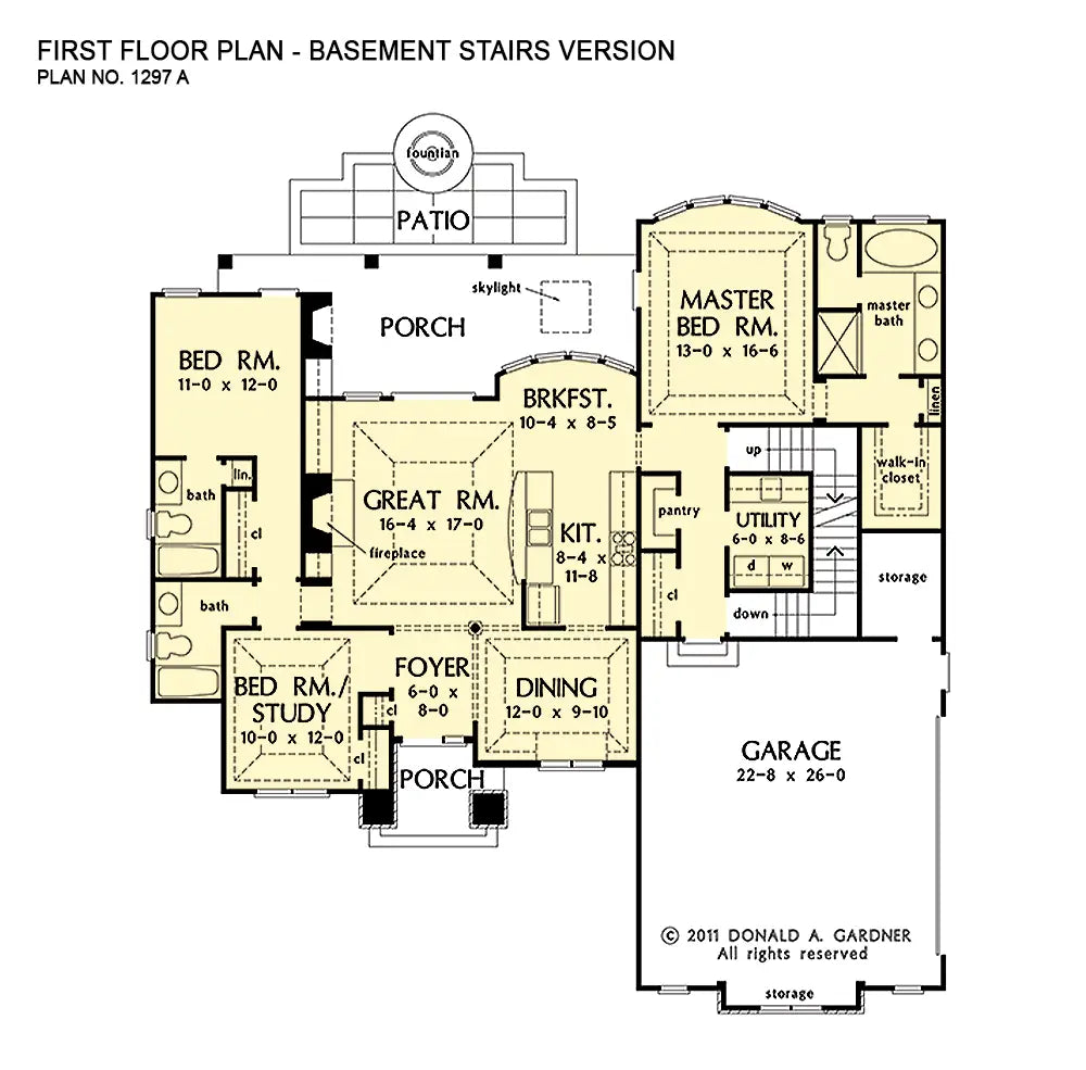 This is the first floor plan image for european house plan 1297 The Foxglove if the home is built over a basement