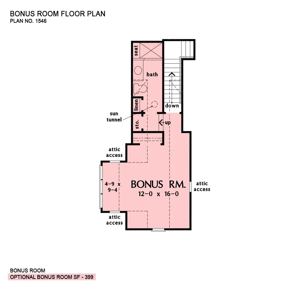 This is the bonus room floor plan image for small house plan 1546 The Francis