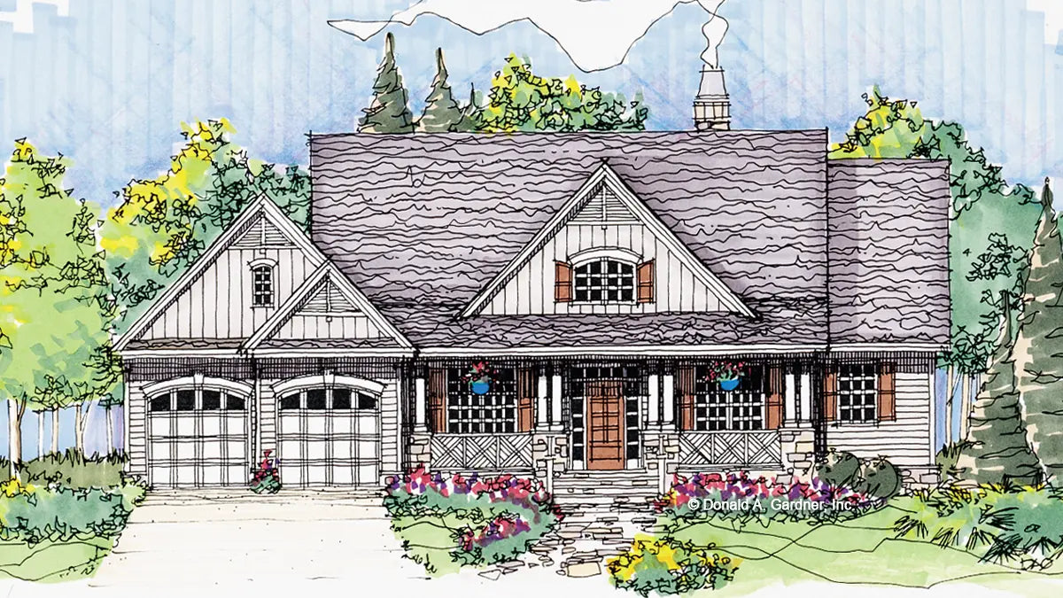 This is an illustration of the front of two story house plan 851 The Gableridge 