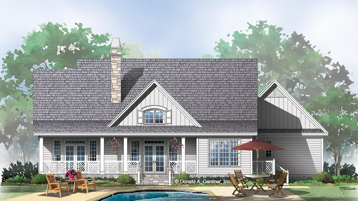 This is an illustration of the rear of craftsman house plan 851 The Gableridge