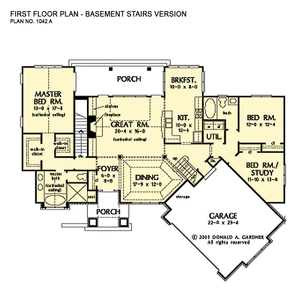 This is the first floor plan image for three bedroom house plan 1042 The Gadberry if the home is built over a basement