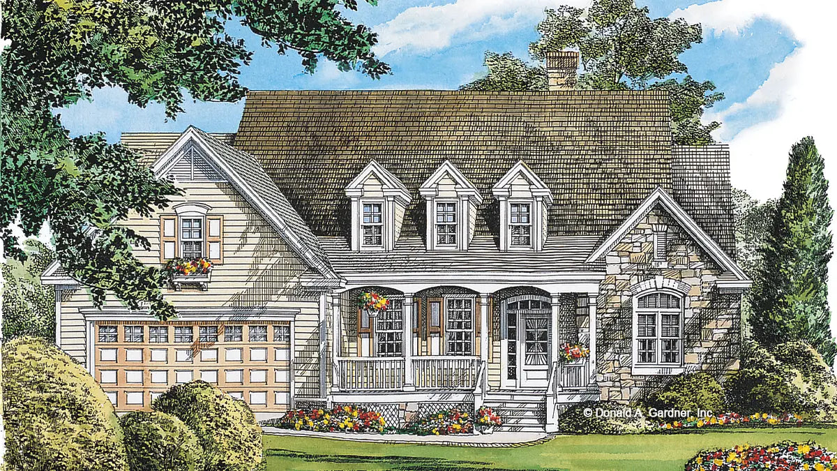 This is an illustration of the front of small house plan 941 The Galveston 